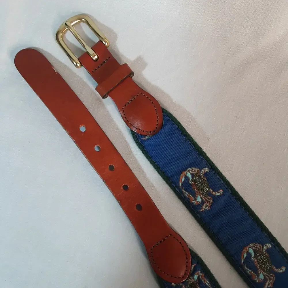 💎Leather Man Ltd TopGrain Leather Ends Blue Embroidered Crab Fabric Green Canvas